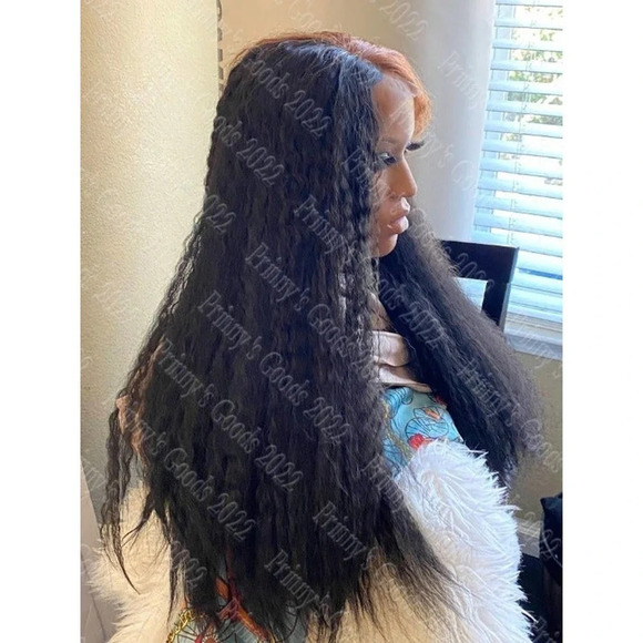 Synthetic Lace Front Wig Kinky Straight 1B/30 Bangs 20" Long Hair Deep Part U - Picture 6 of 12